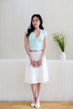 Siekka V Neck Padded Lace Ribbon Short Sleeves Top in Blue