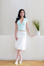 Siekka V Neck Padded Lace Ribbon Short Sleeves Top in Blue