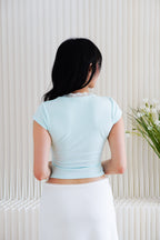 Siekka V Neck Padded Lace Ribbon Short Sleeves Top in Blue