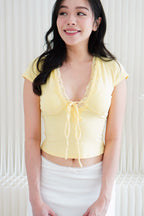 Siekka V Neck Padded Lace Ribbon Short Sleeves Top in Yellow