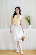 Siekka V Neck Padded Lace Ribbon Short Sleeves Top in Yellow