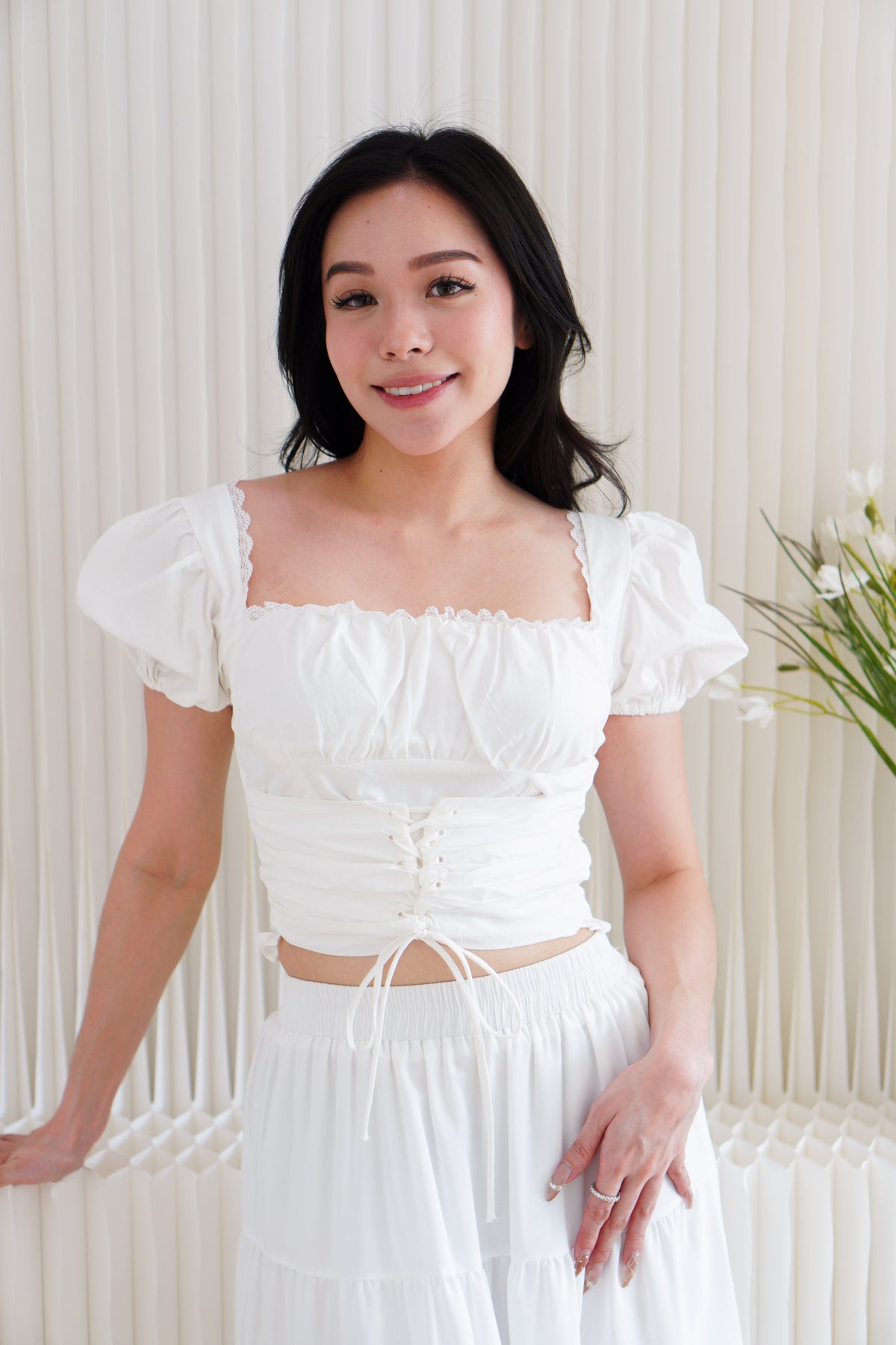 Marin Ruched Bust Puffy Sleeves Corset Top in White