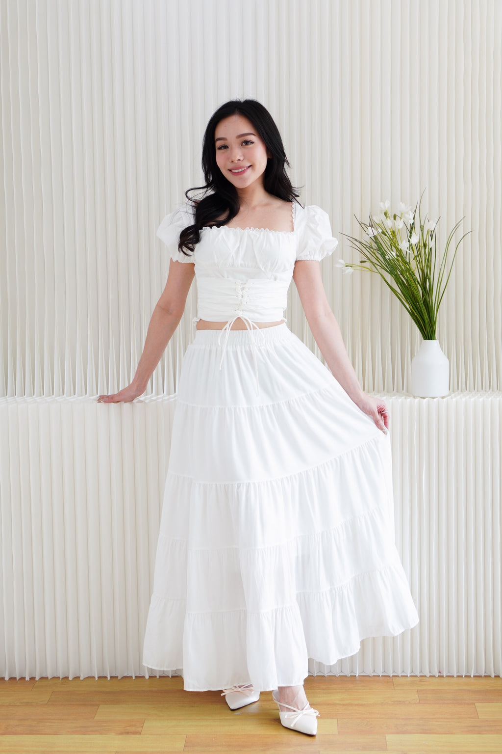 Marin Ruched Bust Puffy Sleeves Corset Top in White