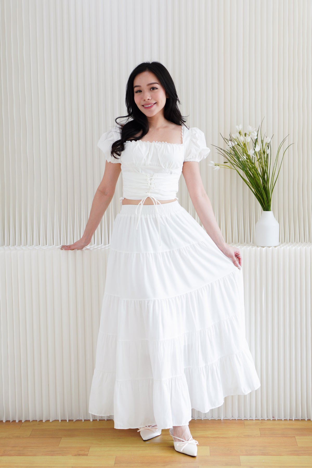 Marin Ruched Bust Puffy Sleeves Corset Top in White