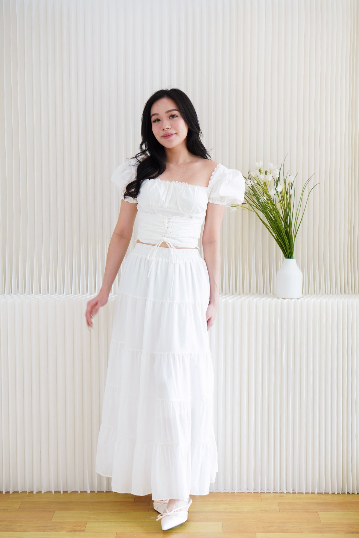 Marin Ruched Bust Puffy Sleeves Corset Top in White