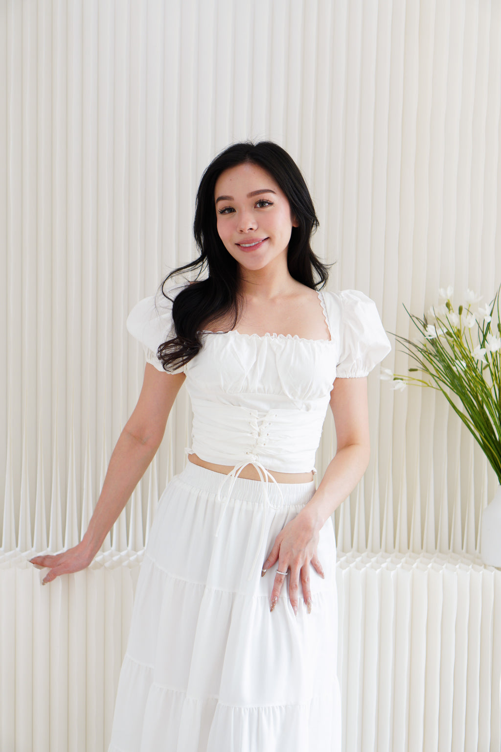 Marin Ruched Bust Puffy Sleeves Corset Top in White