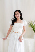 Marin Ruched Bust Puffy Sleeves Corset Top in White
