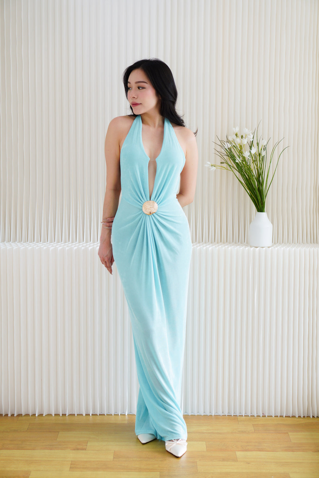 Shelrel Deep V Backless Maxi Dress in Light Blue