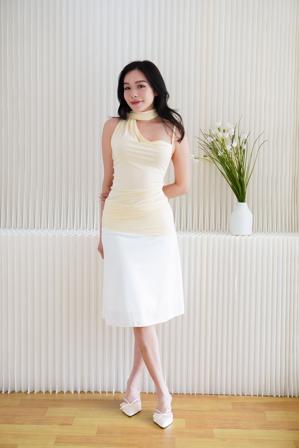 Romilly Cowl Neck Choker Ruched Top in Yellow