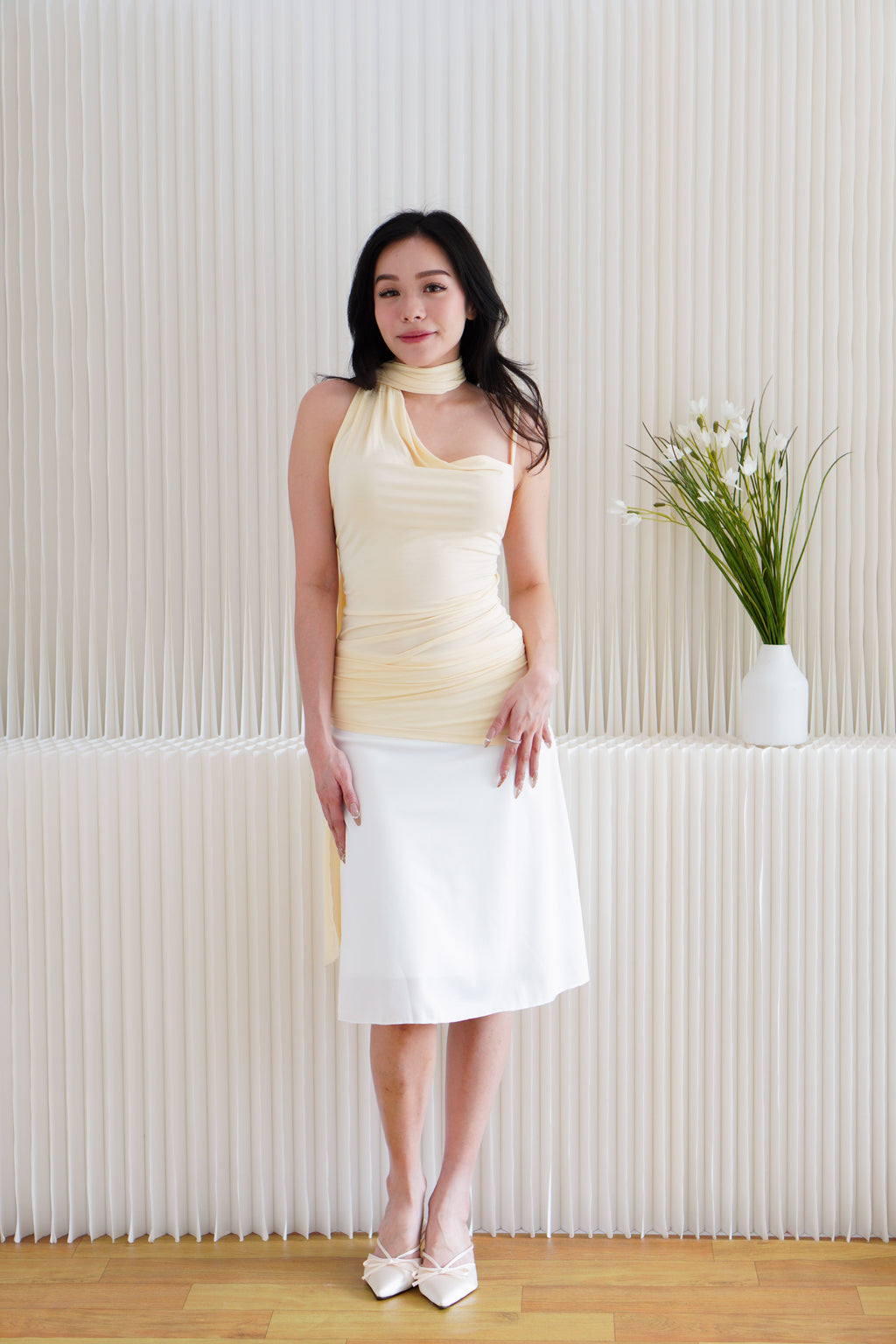 Romilly Cowl Neck Choker Ruched Top in Yellow