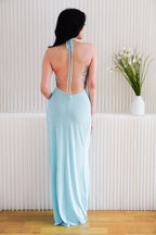 Shelrel Deep V Backless Maxi Dress in Light Blue