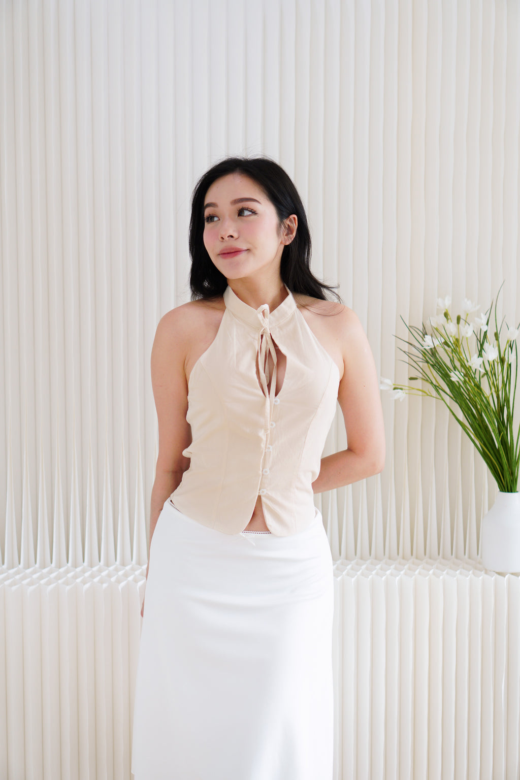 Mirae Mandarin Collar Tie Front Top in Light Khaki