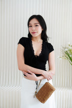 Siekka V Neck Padded Lace Ribbon Short Sleeves Top in Black