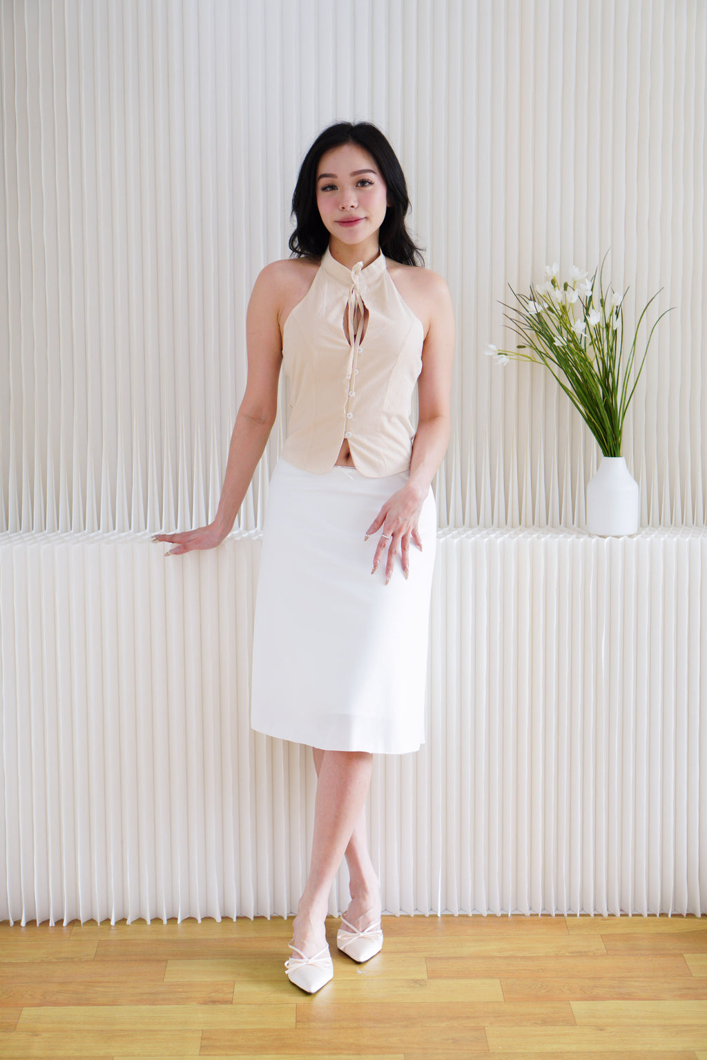 Mirae Mandarin Collar Tie Front Top in Light Khaki