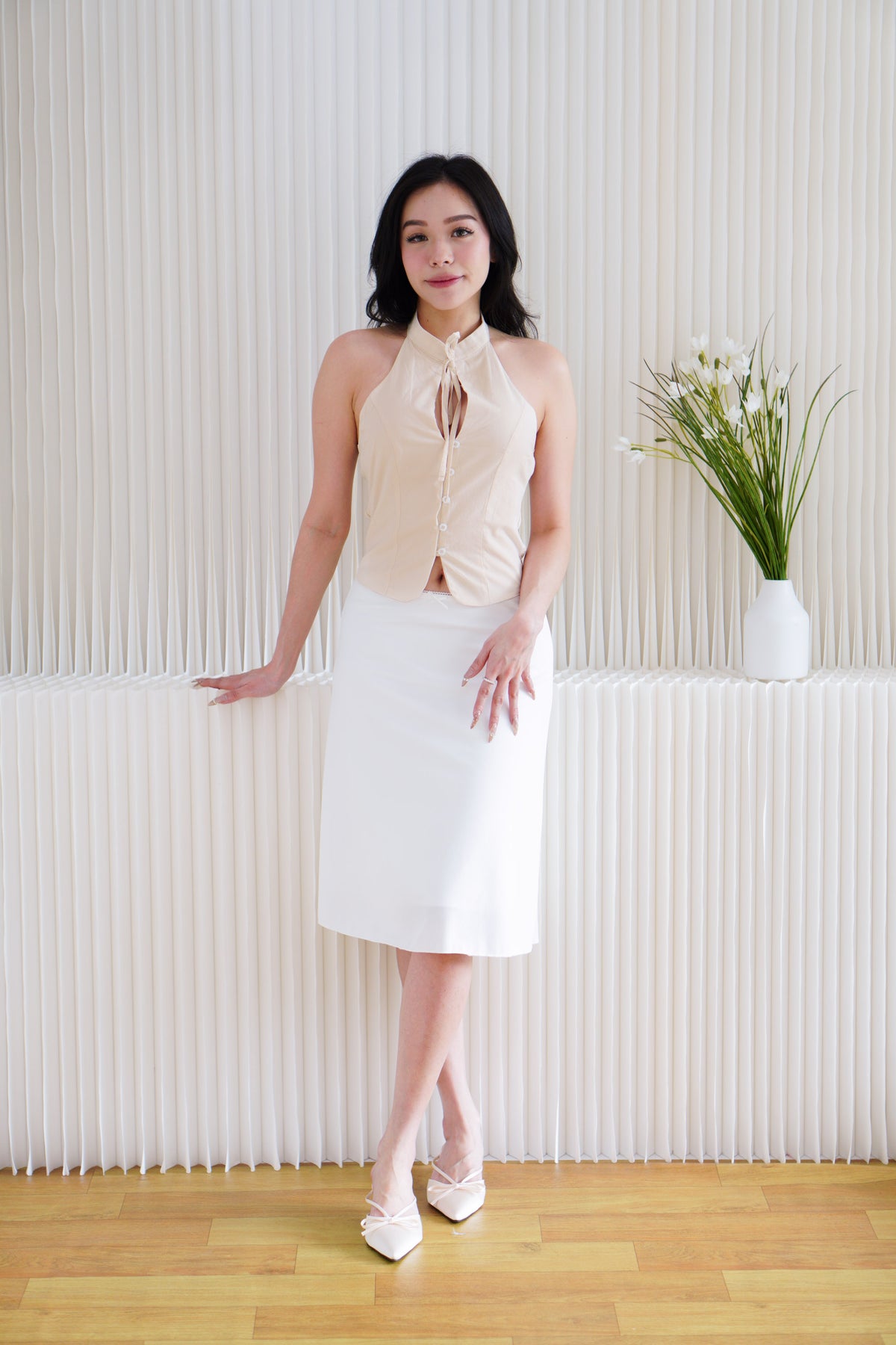 Mirae Mandarin Collar Tie Front Top in Light Khaki