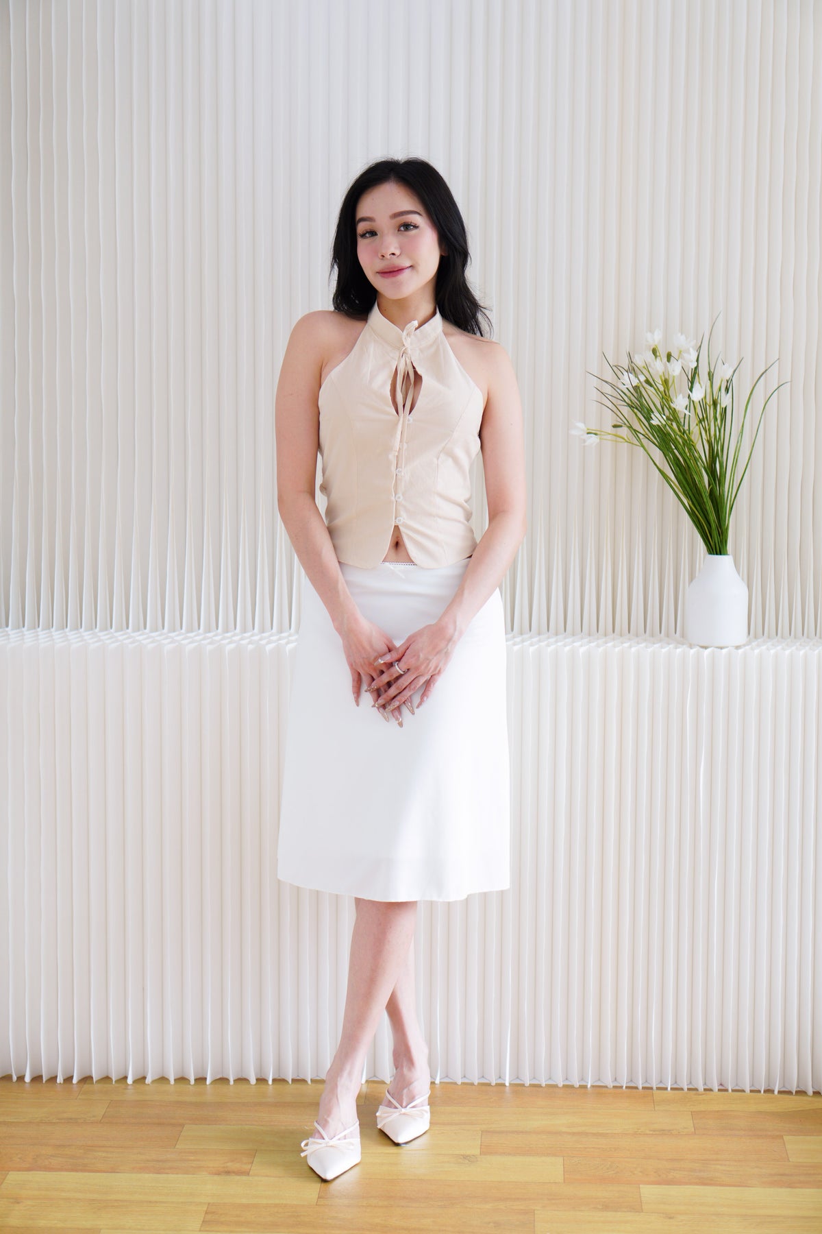 Mirae Mandarin Collar Tie Front Top in Light Khaki