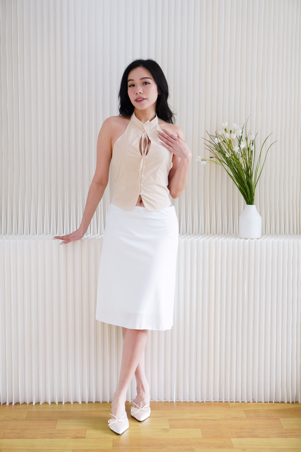 Mirae Mandarin Collar Tie Front Top in Light Khaki