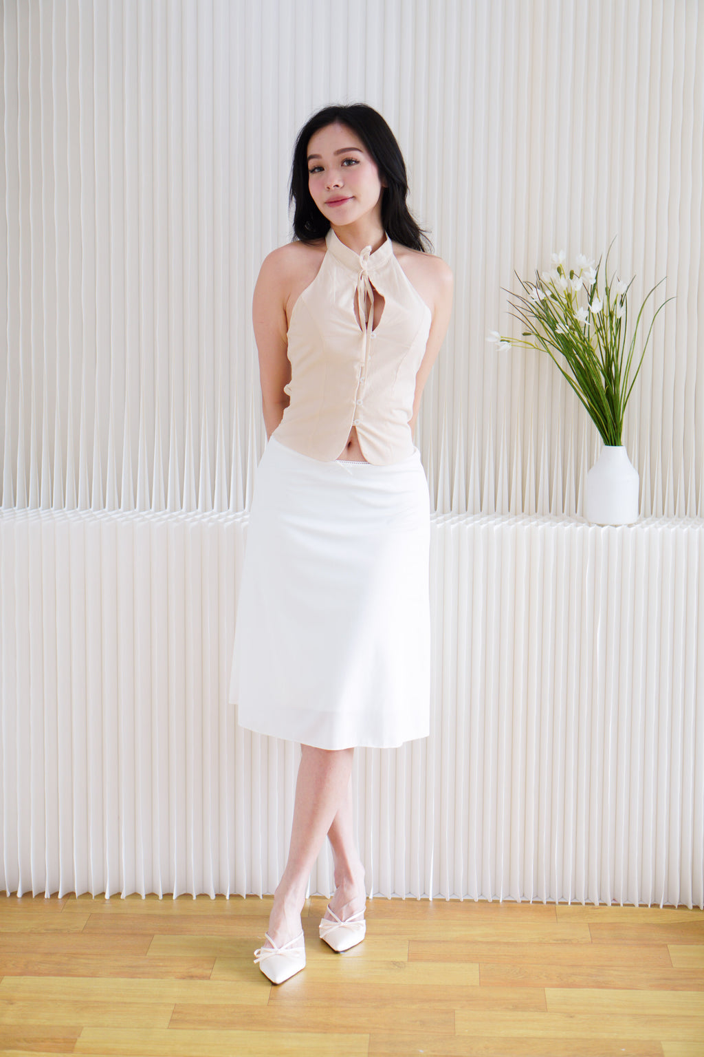 Mirae Mandarin Collar Tie Front Top in Light Khaki