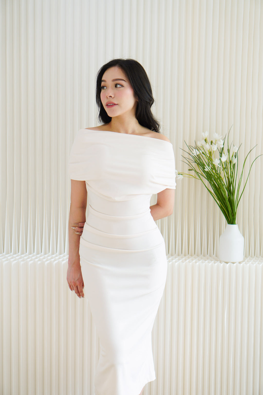 Nhaya Toga Off Shoulder Bodycon Maxi Dress in Beige