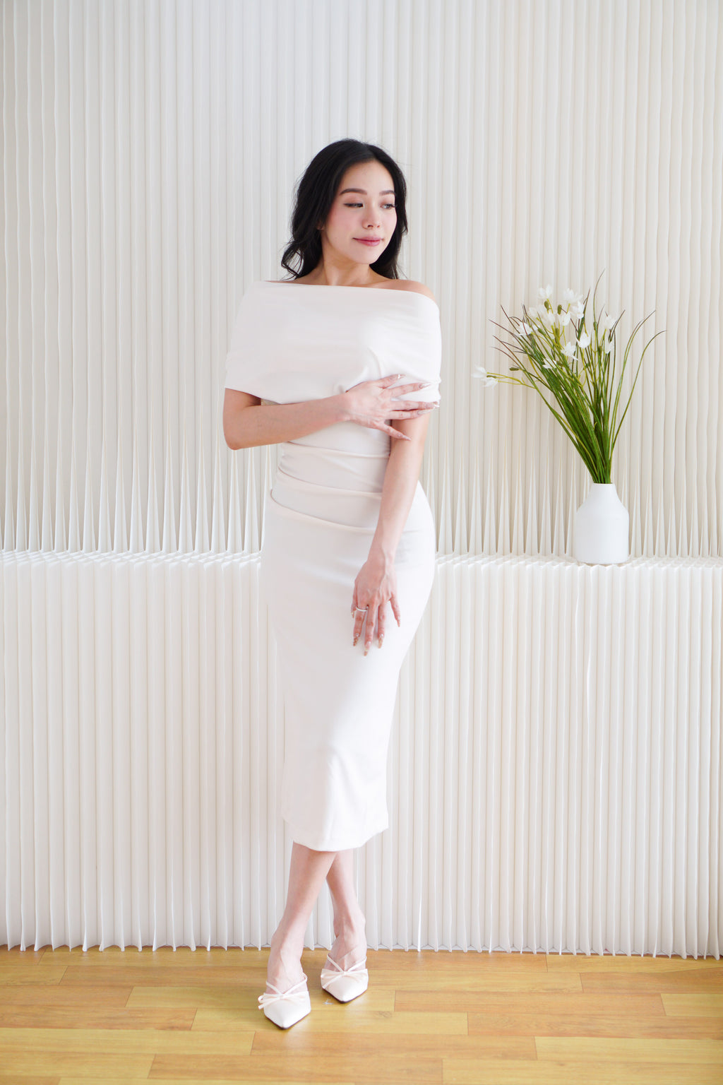 Nhaya Toga Off Shoulder Bodycon Maxi Dress in Beige