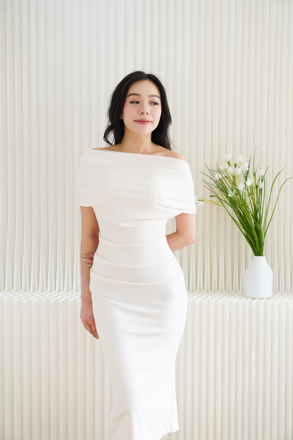 Nhaya Toga Off Shoulder Bodycon Maxi Dress in Beige