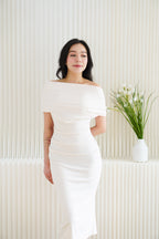 Nhaya Toga Off Shoulder Bodycon Maxi Dress in Beige