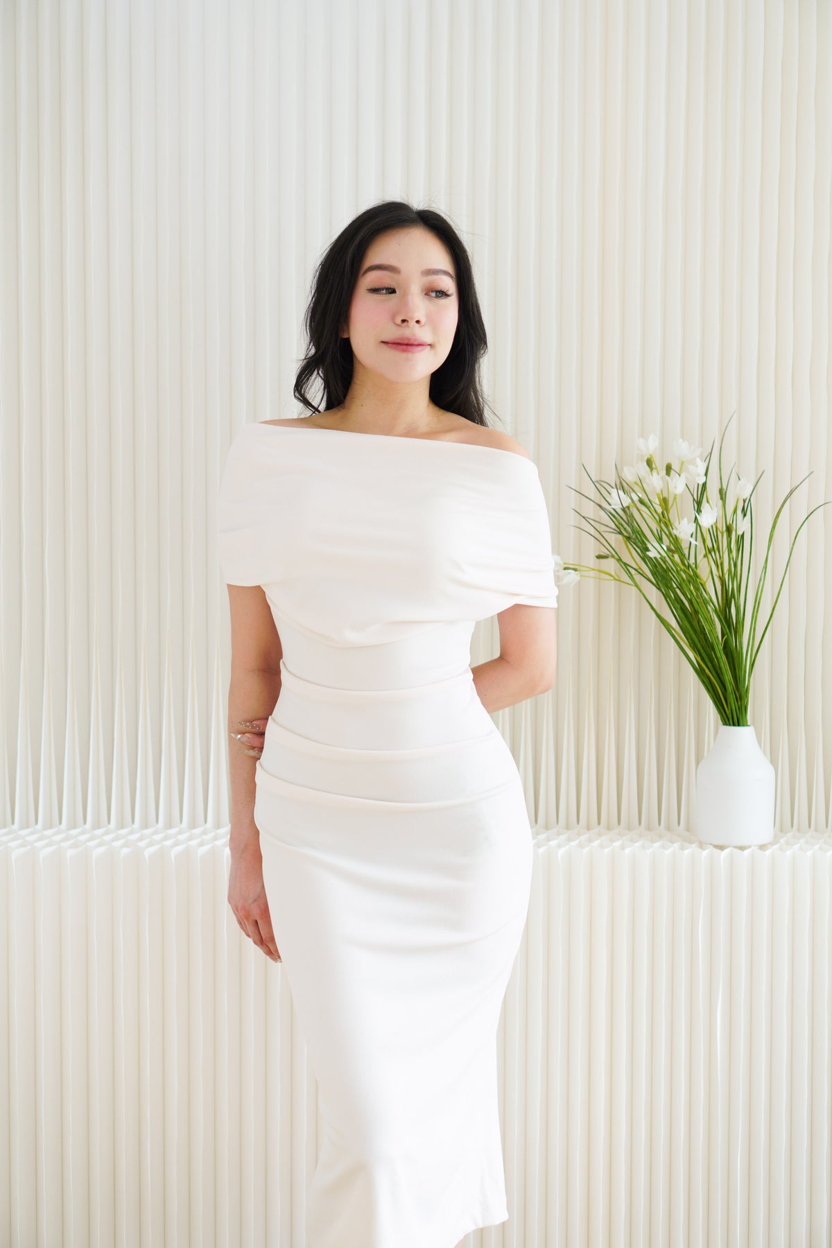 Nhaya Toga Off Shoulder Bodycon Maxi Dress in Beige