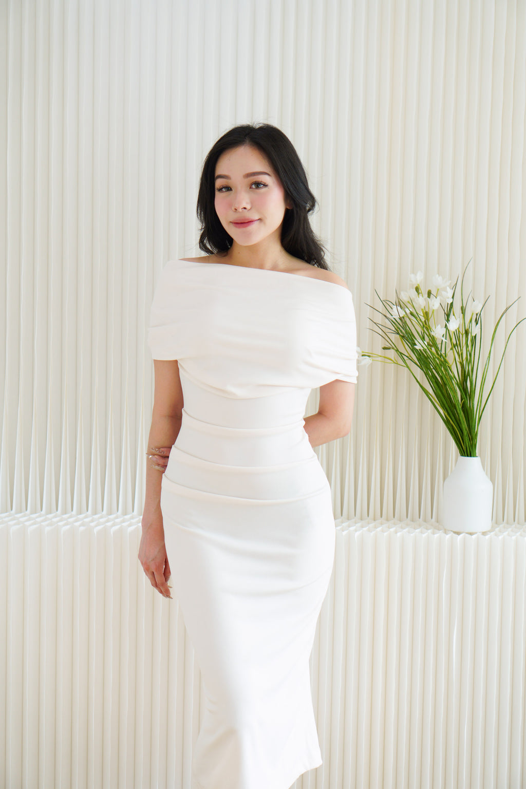 Nhaya Toga Off Shoulder Bodycon Maxi Dress in Beige