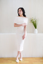 Nhaya Toga Off Shoulder Bodycon Maxi Dress in Beige