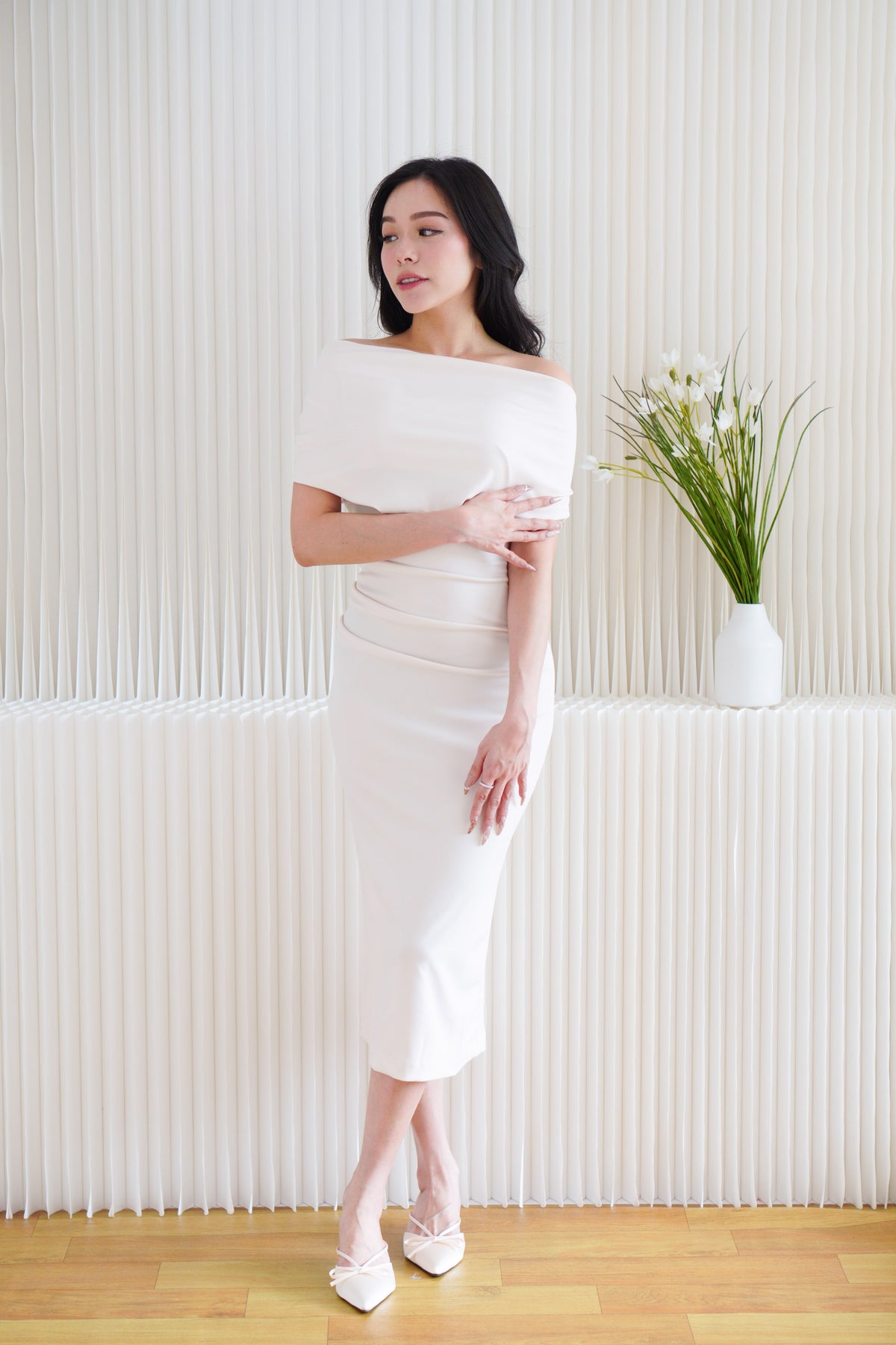 Nhaya Toga Off Shoulder Bodycon Maxi Dress in Beige