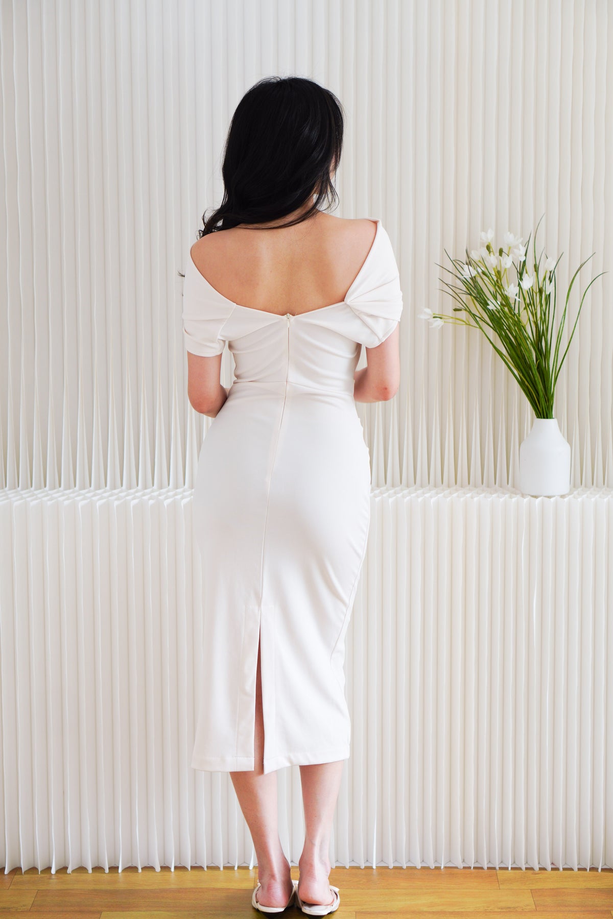Nhaya Toga Off Shoulder Bodycon Maxi Dress in Beige