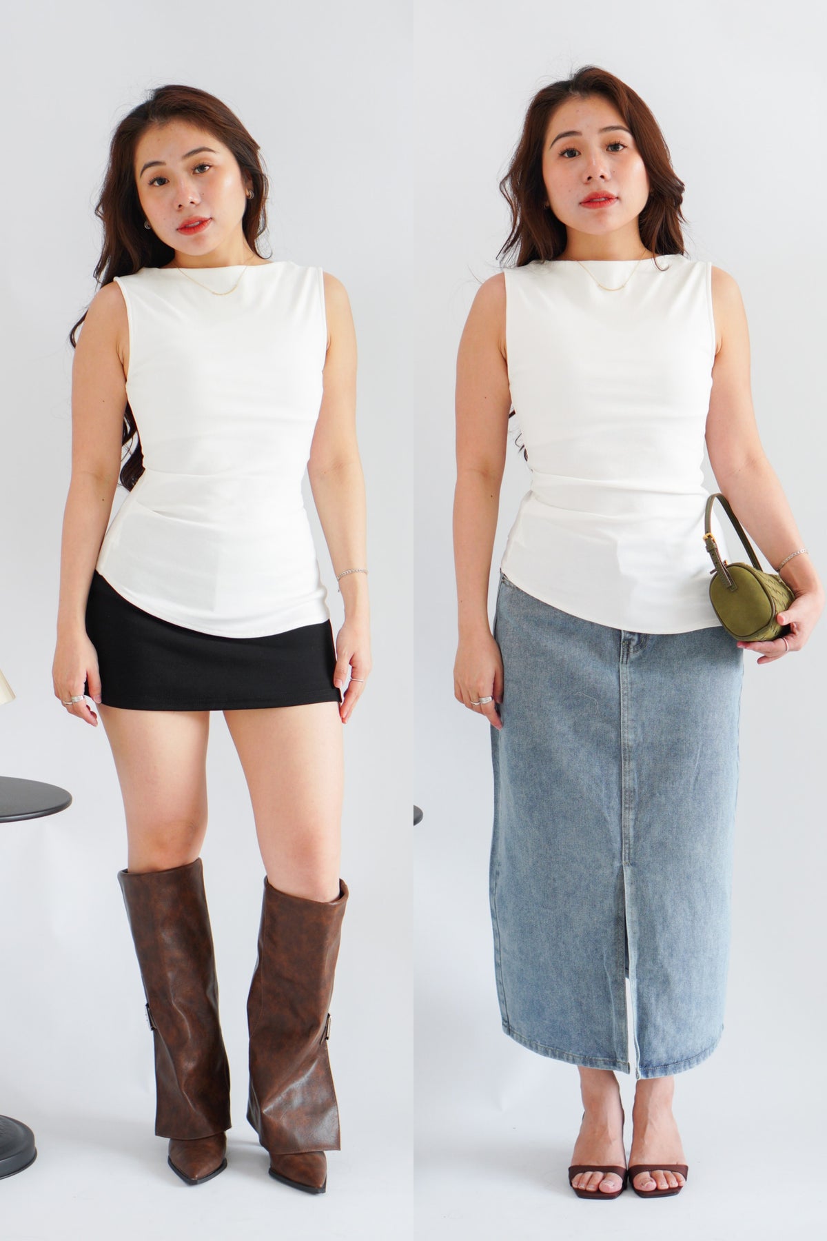 Soleil Basic High Neck Ruched Waist Top in White