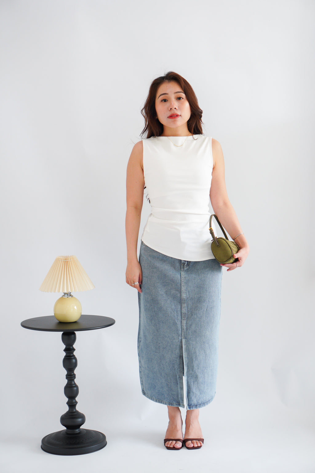 Soleil Basic High Neck Ruched Waist Top in White