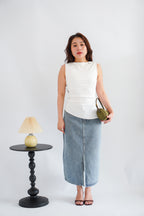 Soleil Basic High Neck Ruched Waist Top in White
