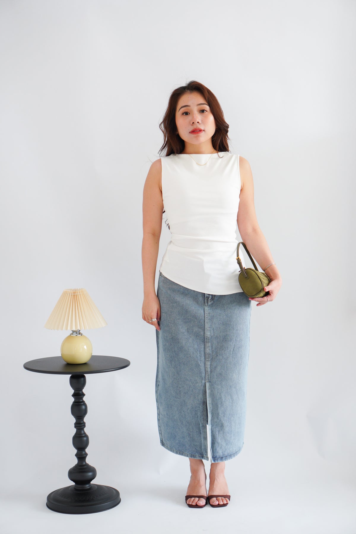 Soleil Basic High Neck Ruched Waist Top in White