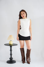 Soleil Basic High Neck Ruched Waist Top in White