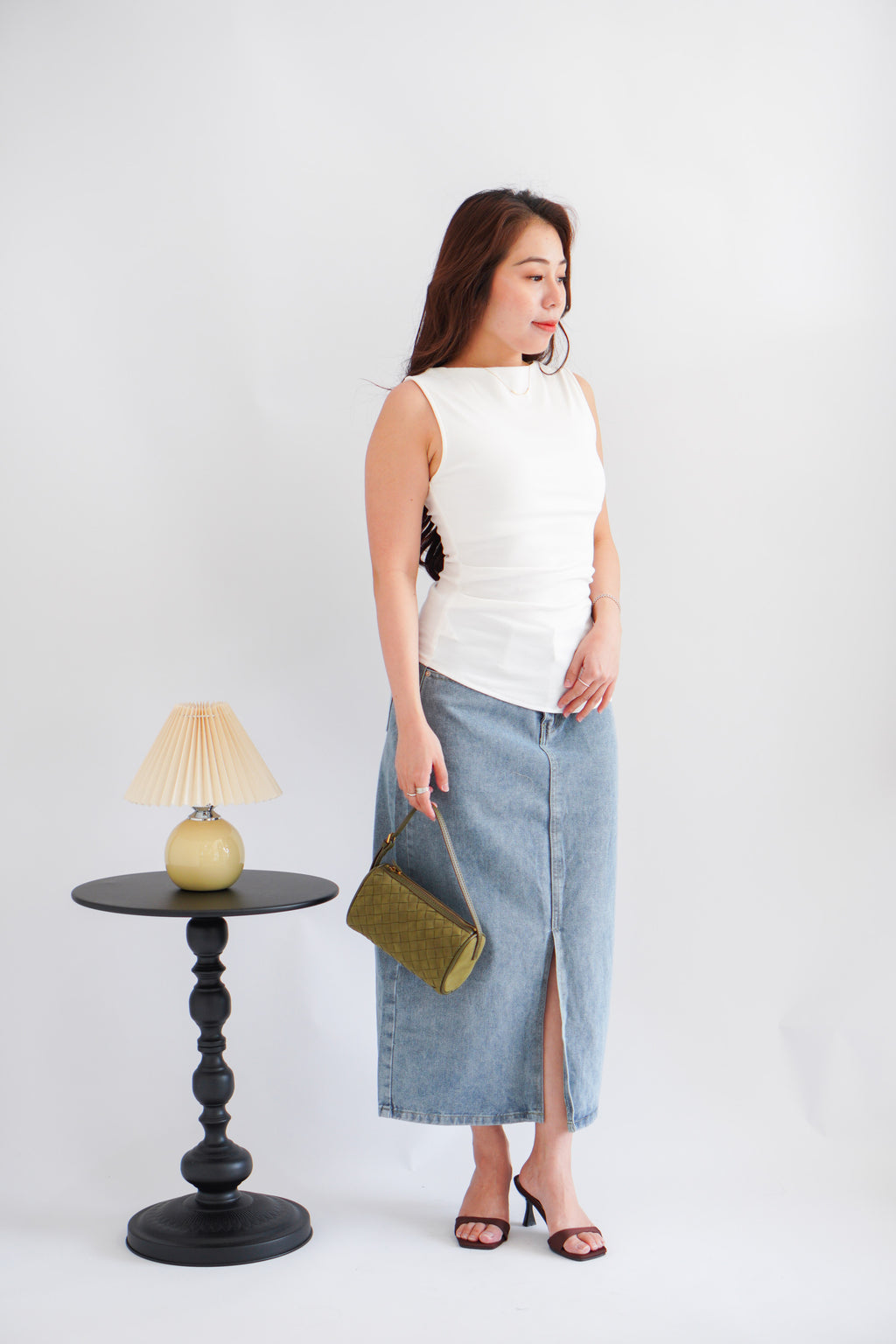 Soleil Basic High Neck Ruched Waist Top in White