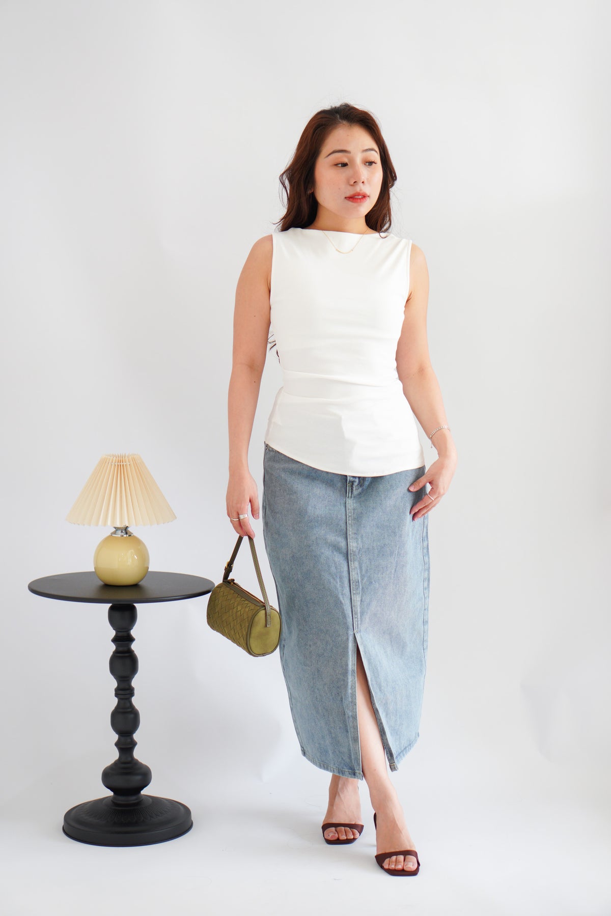 Soleil Basic High Neck Ruched Waist Top in White