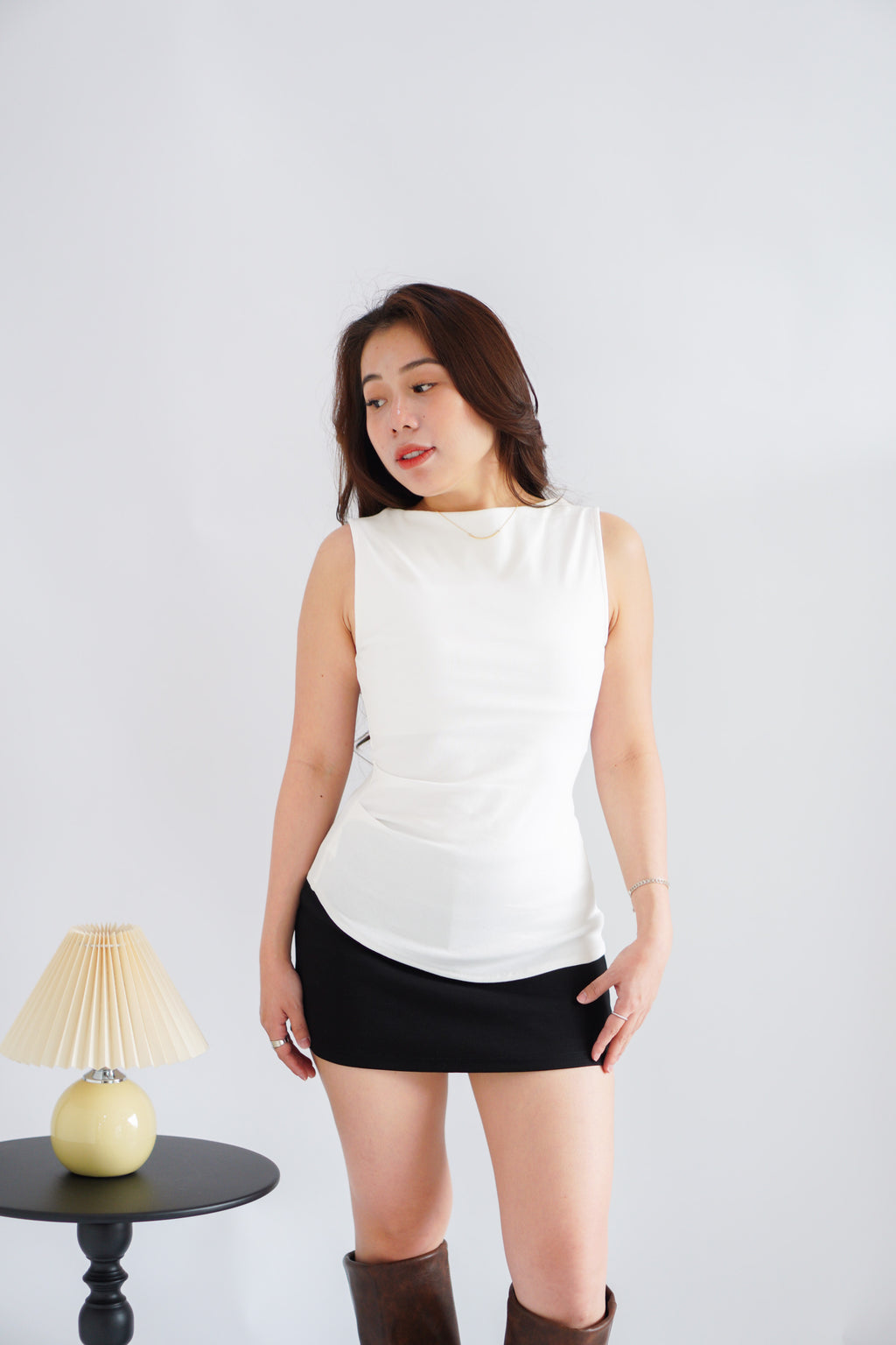 Soleil Basic High Neck Ruched Waist Top in White