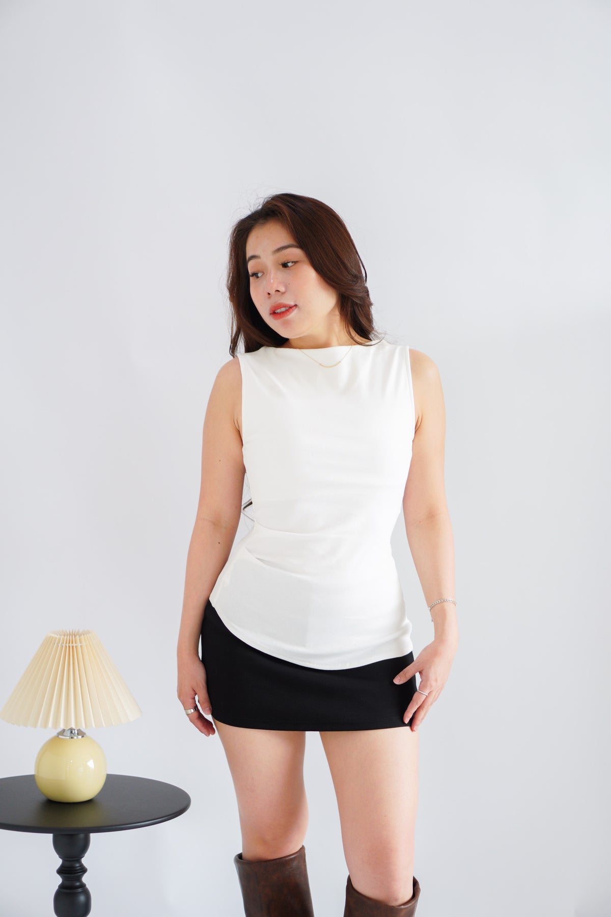 Soleil Basic High Neck Ruched Waist Top in White
