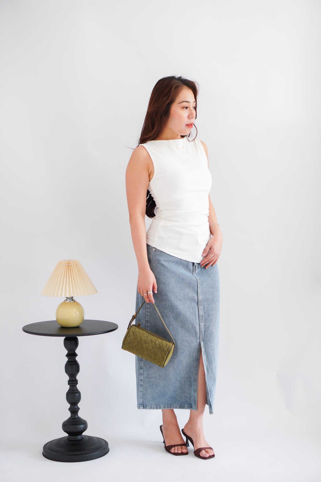 Soleil Basic High Neck Ruched Waist Top in White