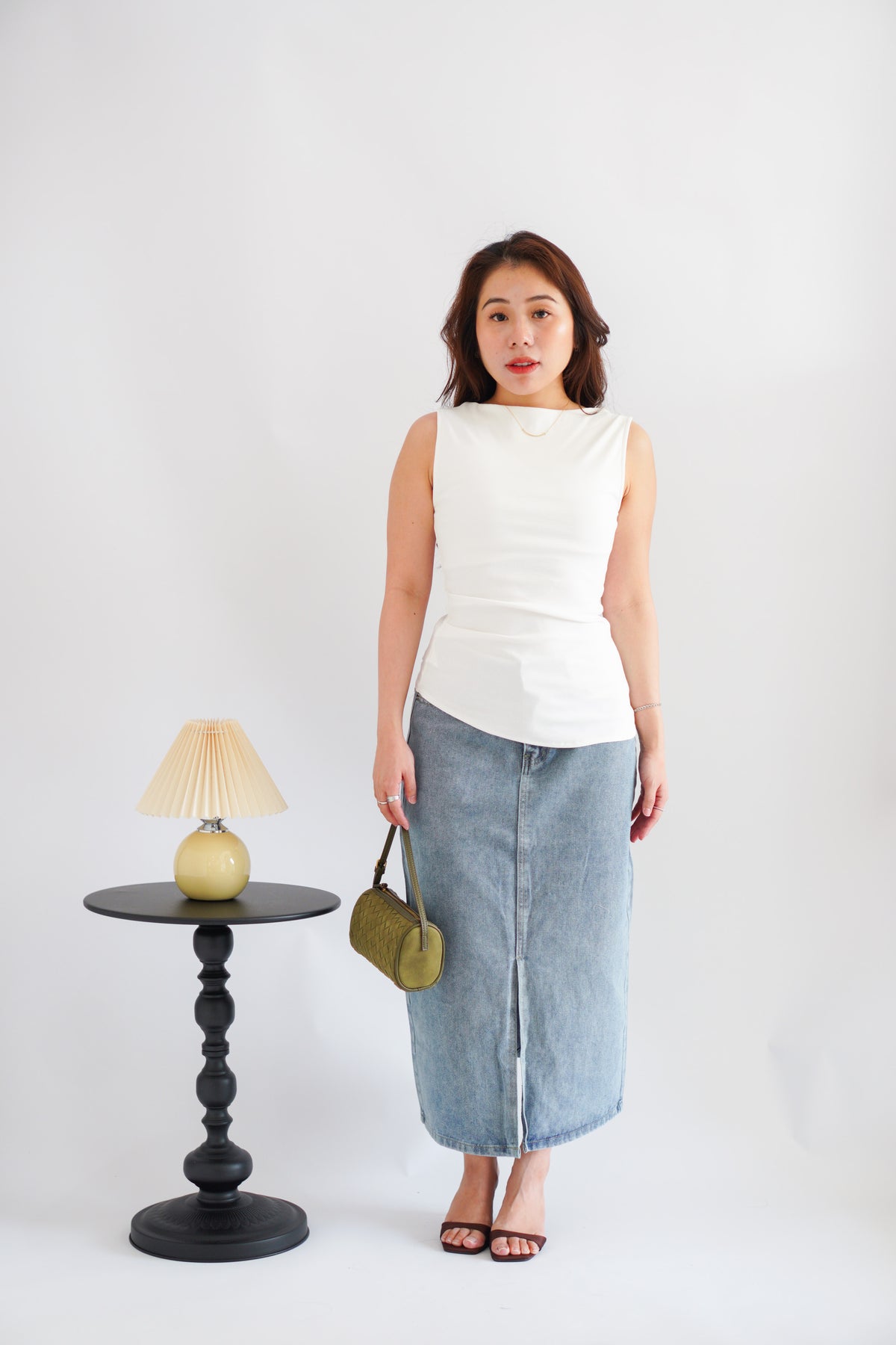 Soleil Basic High Neck Ruched Waist Top in White