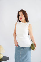 Soleil Basic High Neck Ruched Waist Top in White
