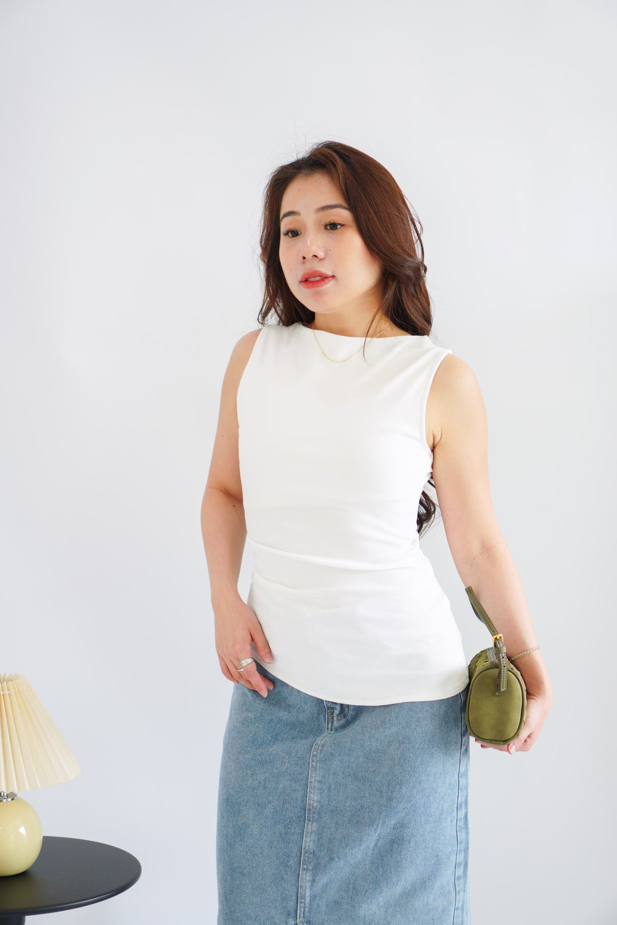 Soleil Basic High Neck Ruched Waist Top in White