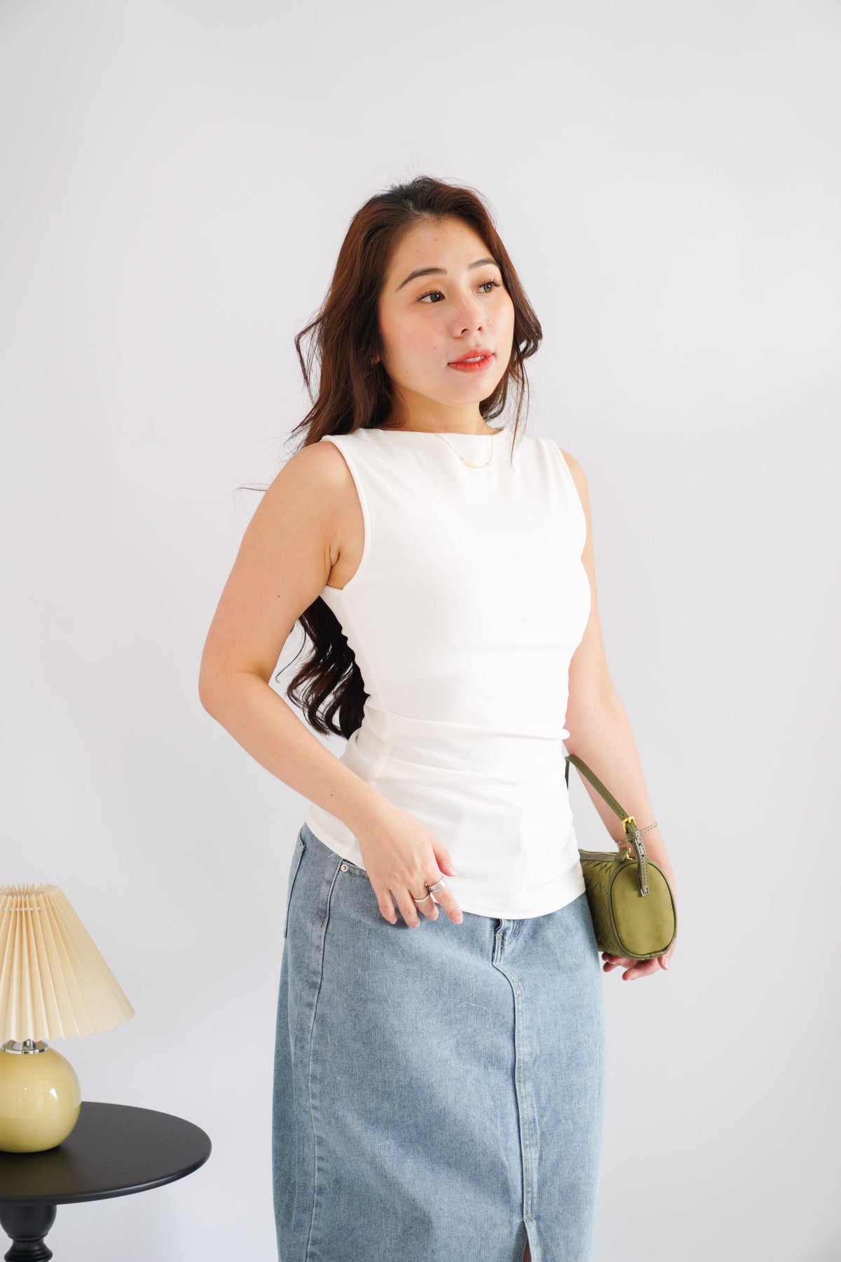 Soleil Basic High Neck Ruched Waist Top in White