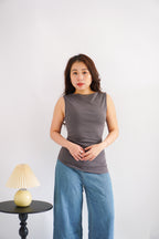 Soleil Basic High Neck Ruched Waist Top in Grey