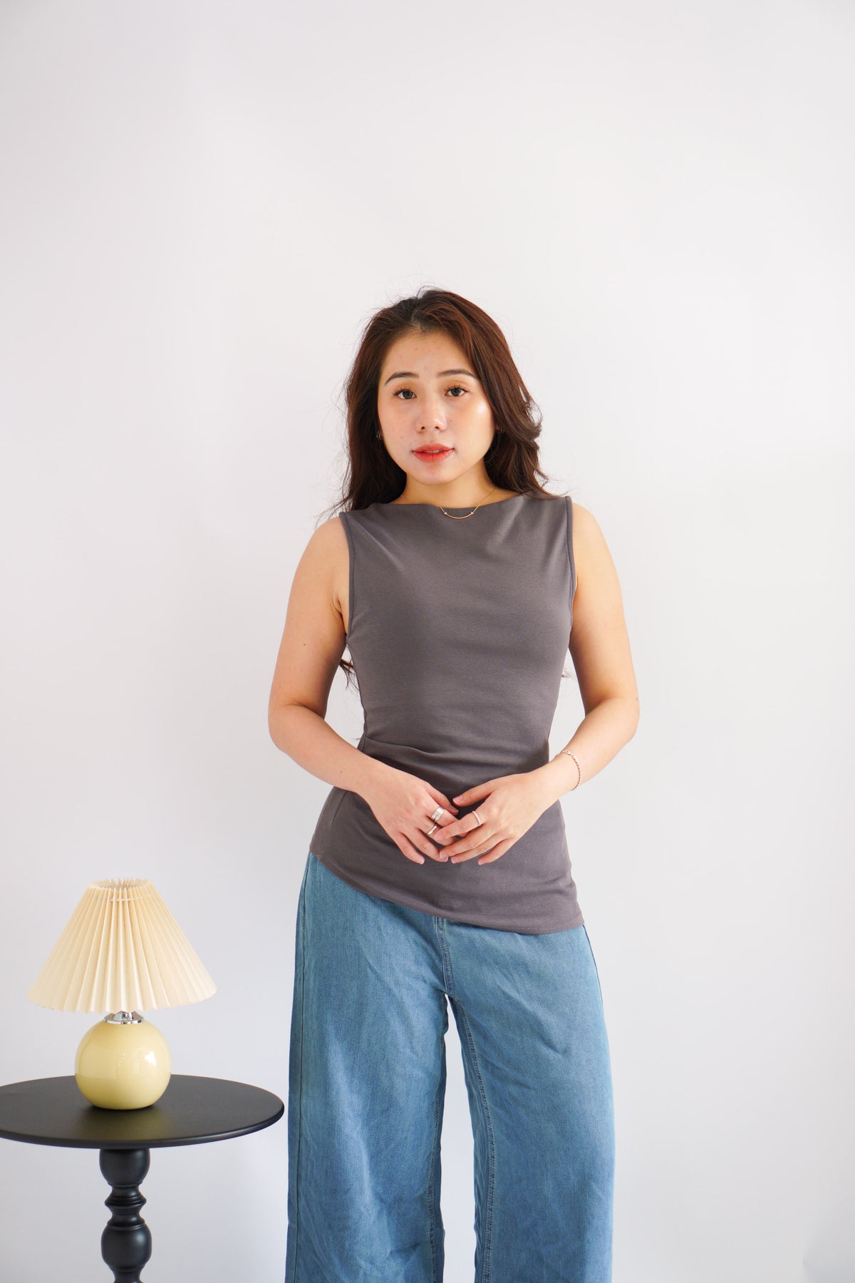 Soleil Basic High Neck Ruched Waist Top in Grey