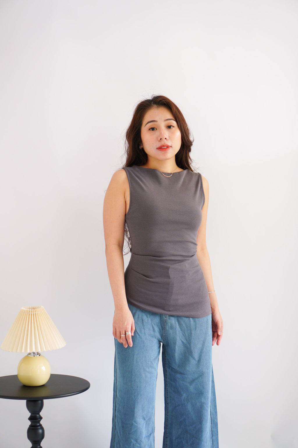 Soleil Basic High Neck Ruched Waist Top in Grey