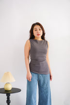 Soleil Basic High Neck Ruched Waist Top in Grey