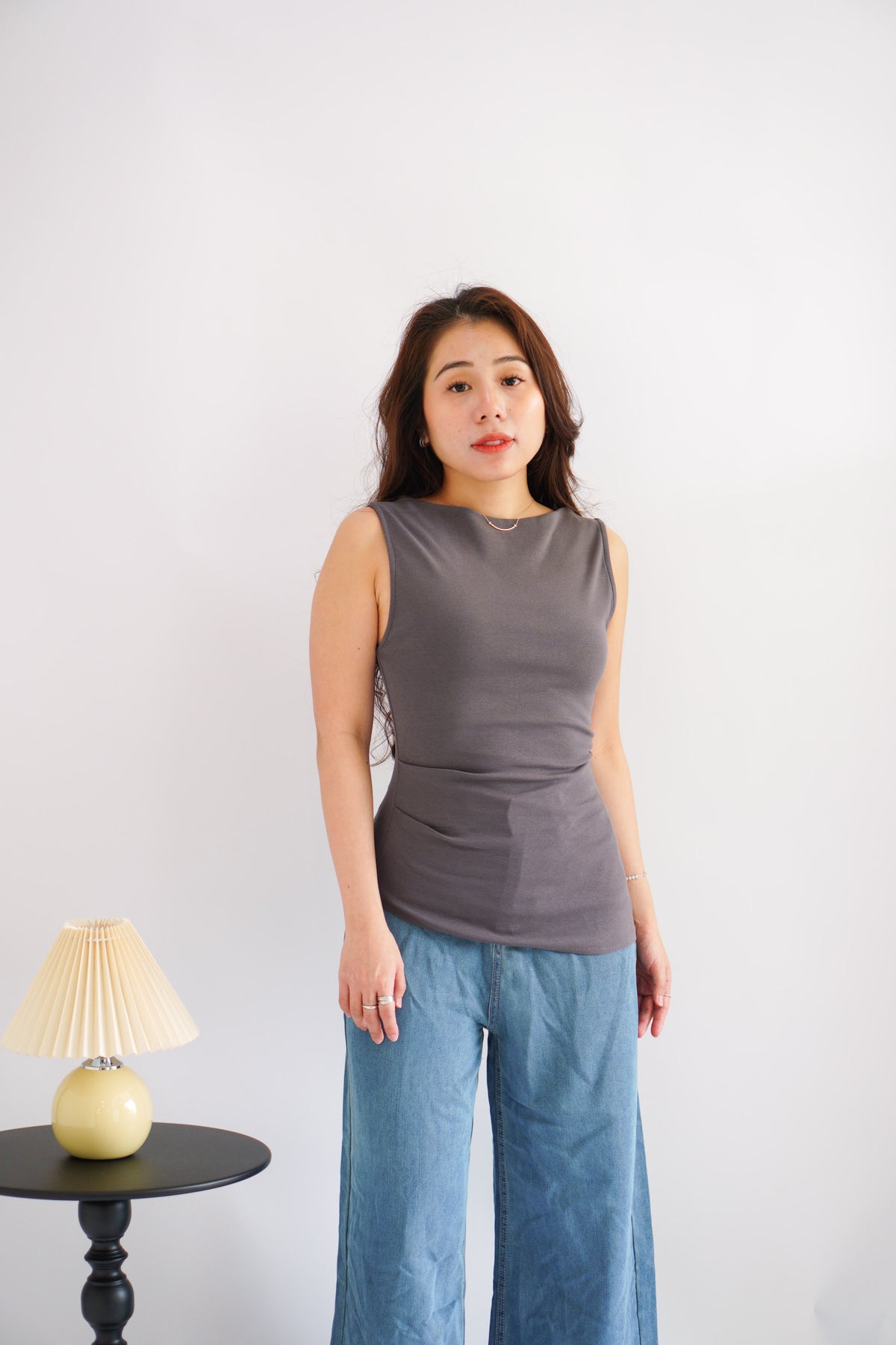Soleil Basic High Neck Ruched Waist Top in Grey